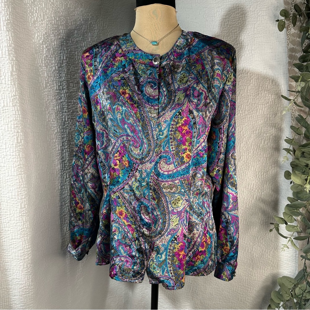 Vintage Christie & Jill Paisley Multicolor Women's Long Sleeve Blouse Size 12